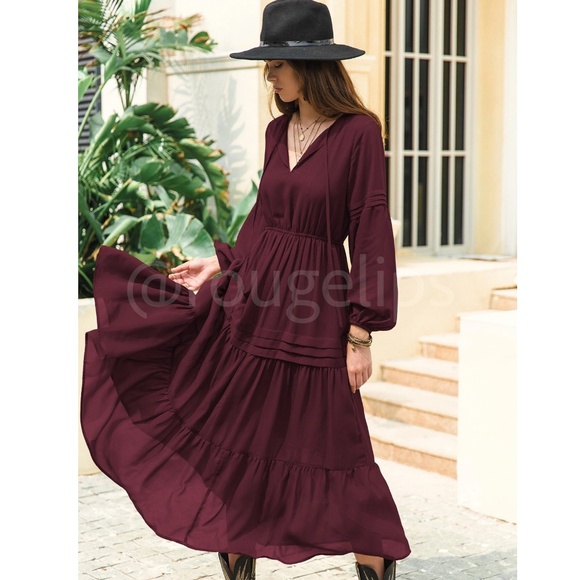Burgundy Bohemian Maxi Dress Chiffon Neck Ties Long Sleeve Ruffle Hem Flowy - Picture 3 of 10